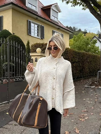 TRAF Women's Bat Sleeve Cardigan Sweater Temperament Lapel Metal Button Decoration Fashion Jacket Casual Commuter Women's Tops.