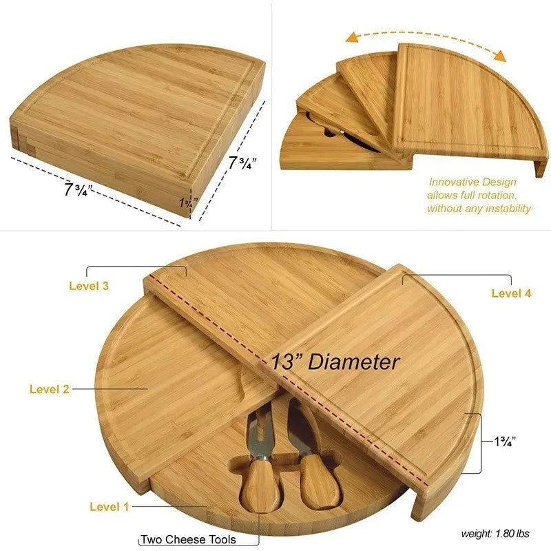Bamboo Cheese Plate Cutting Board Pull-Out Scalloped Deli Board Assortment Snack Platter.