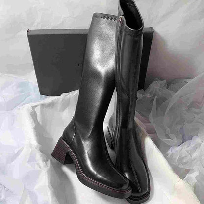 Vintage Thick Heel Women Knee High Boots Fashion Side Zippers Shoes Autumn Winter Ladies Concise Long Botas De Mujer.