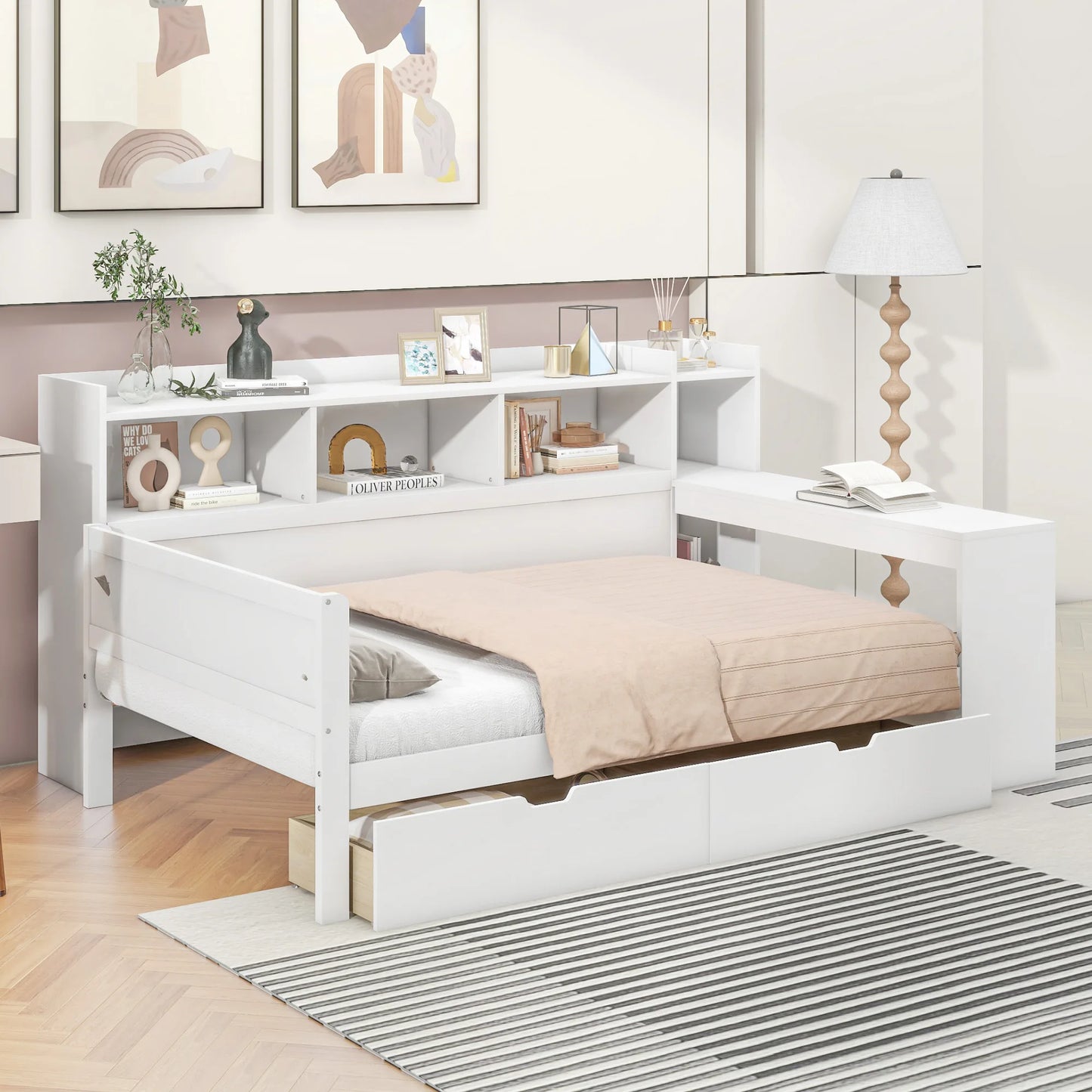 Merax Schlafsofa Daybett 90x200 cm Nachttischablage Untertischablage Bett mit Steckdose USB 2 Schubladen Schreibtisch ohne Matra