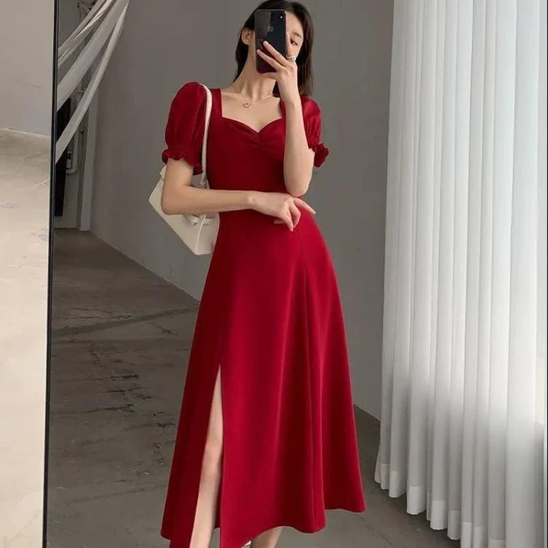 Solide Puff Kurzarm Elegante Schlitz Kleid Neue Mode Frauen V-ausschnitt Volle Kleider Damen Hohe Taille Schlank Abend Party Vestidos.