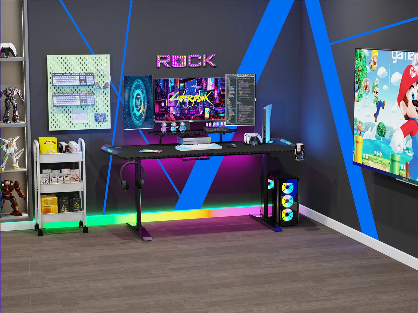 Jumbo-Gaming-Schreibtisch mit Monitor regal, großer PC-Computer tisch mit LED-Beleuchtung, Spieltisch-Gamer-Schreibtisch für Schlafzimmer, Home-Office