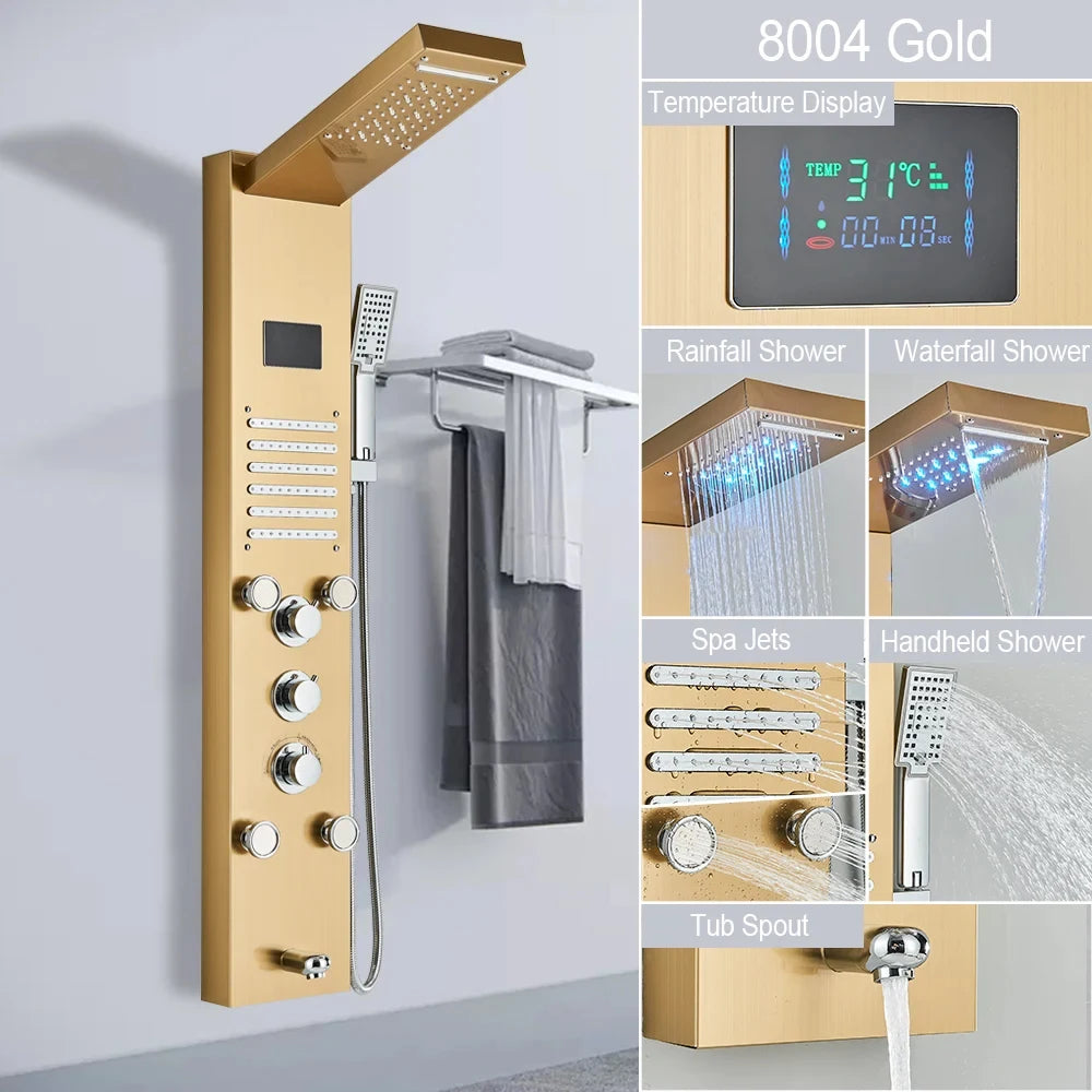 Golden Shower Panel LED Light Bathroom Bath Shower Column Tower Digital Screen Waterfall Rain shower Mixers Rotate Massage Jets