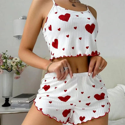 Sexy Herz Druck Pyjama Set Frauen Nachtwäsche Trendy Mode Lounge Tragen Nachtwäsche Zwei Stück Set Homewear Pyjamas