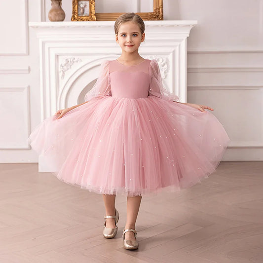 Kinder Kleider V-Rücken Große Schleife Perlen Prinzessin Kleid Geburtstag Party Tüll Kleid Für Mädchen Leistung Hochzeit Prom Flauschigen kleid