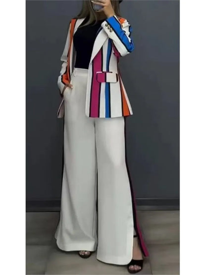 Women Striped Print Suits+pants Two Piece Sets Autumn Winter Casual Wide Leg Pants Sets Office Ladies Elegant Coats Outfits.