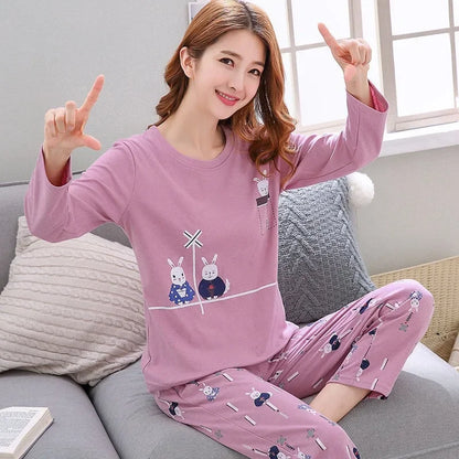 Herbst Dünne 2 stück Pyjamas Set Frauen 2025 Rundhals Mädchen Bär Pyjamas Sets Teetasse Katze Volle Nachtwäsche Tops liebhaber Pyjama mujer