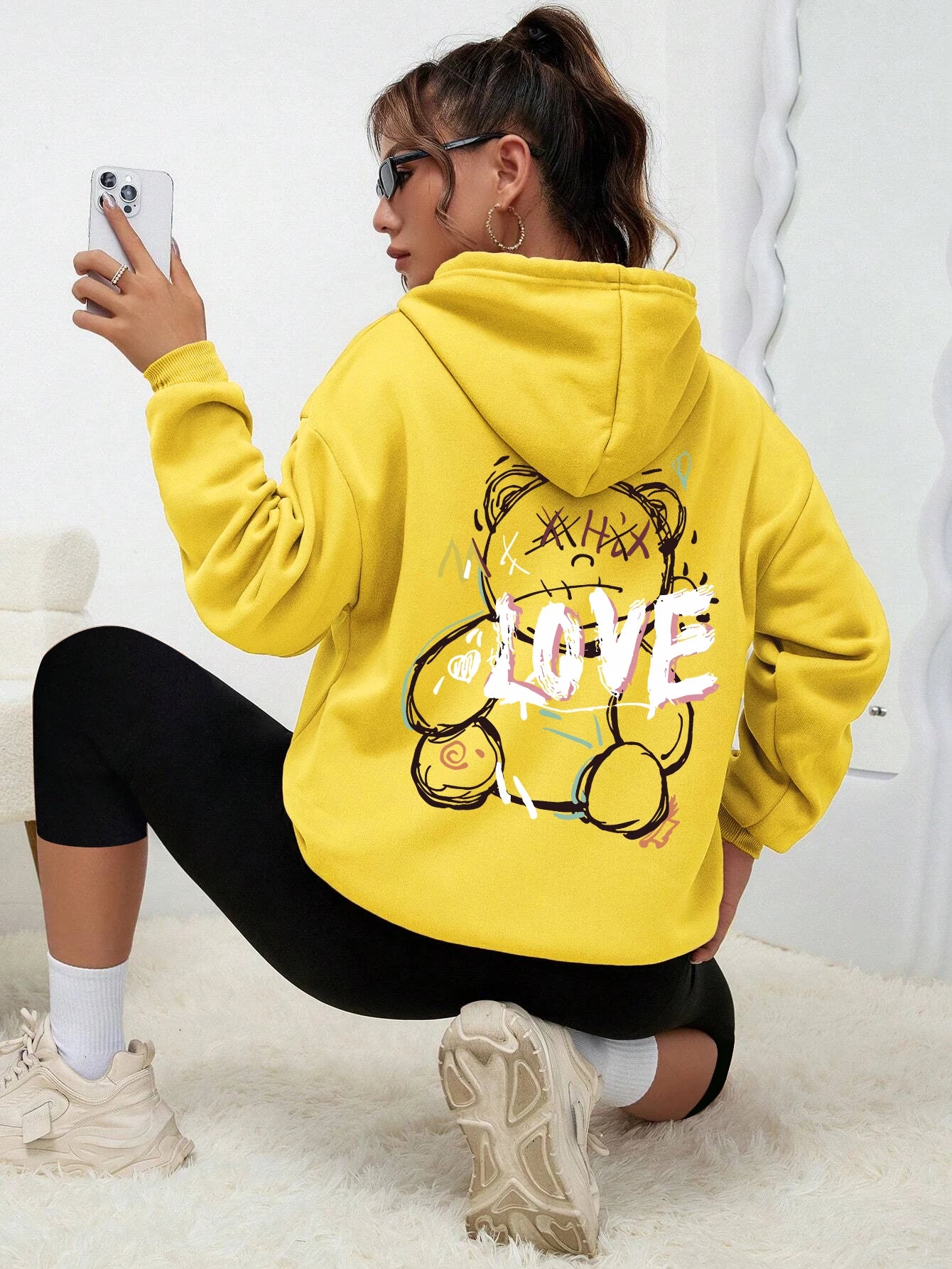 Graffiti Linie Bär Einfache Druck Weibliche Hoody Harajuku S-Xxl Sweatshirt Mode Lässig Straße Mit Kapuze Herbst Warme Streetwear Frauen.
