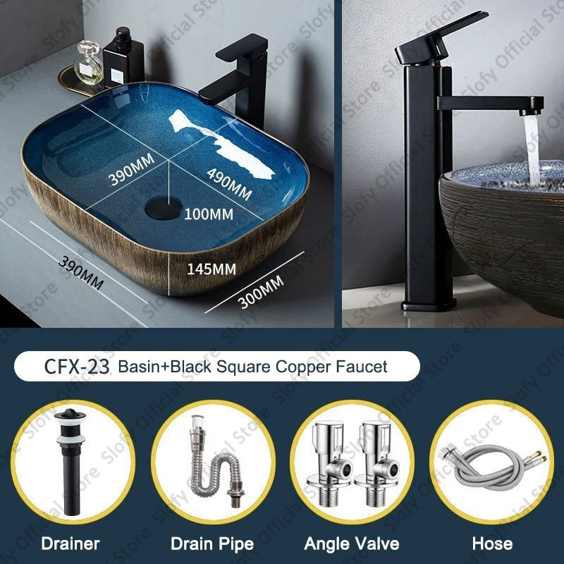 Vintage Elegant Countertop Washbasin Classic Blue Art Hotel Ceramic Basins Sink Multiple Styles Outdoor Balcony Bathroom Sinks