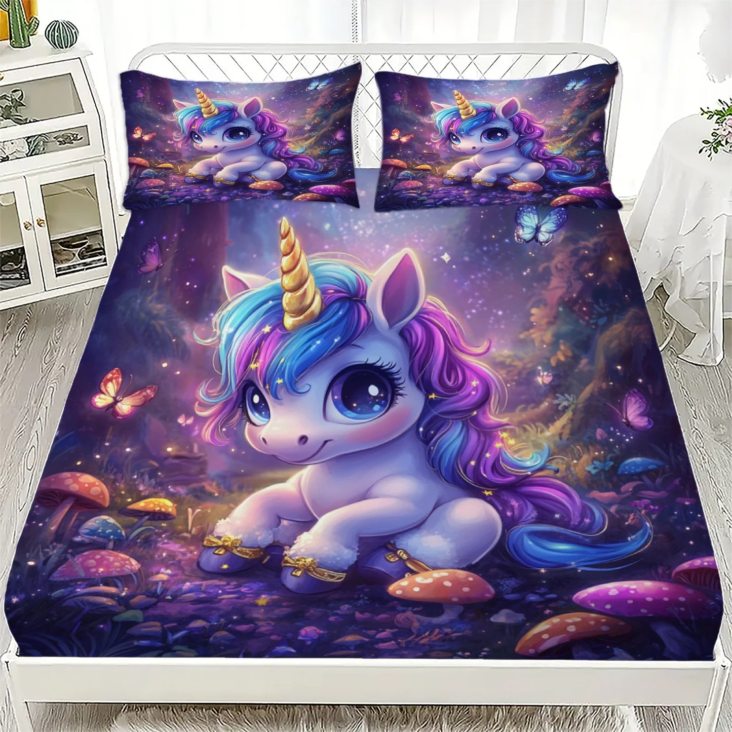 3D Fitted Sheets Set Unicorn Pattern Cute Bedding Set Printed With 1/2 Pillowcases Customized For Boys And Girls Kids Decorate.