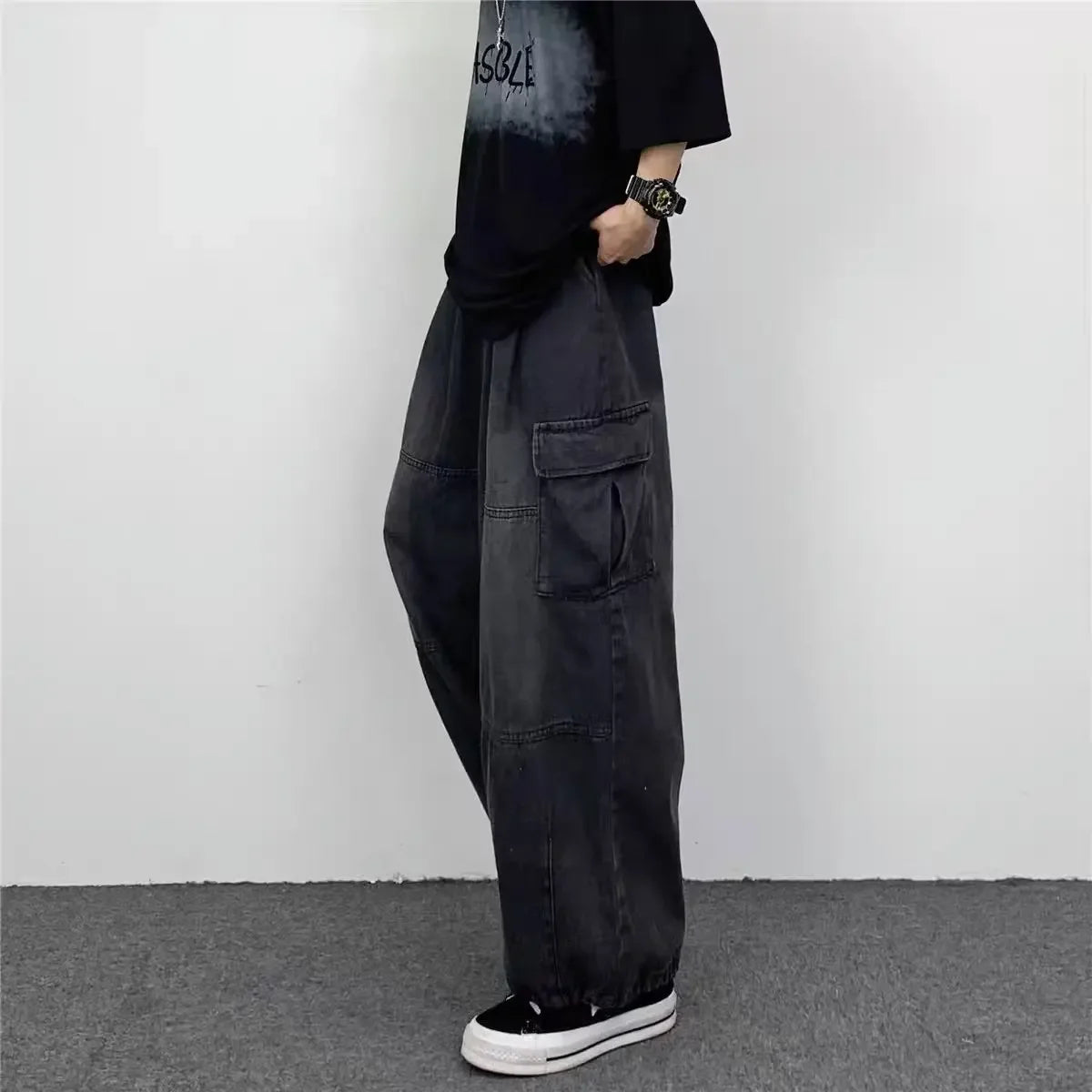 Japanese Vintage Wide-leg Pocket Cargo Pants Men's Autumn/winter New Trendy Brand Ins Unisex Loose Fit Straight Leg Jeans.