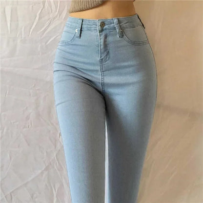 High Waist plus Size Denim Jeans Women's Fitting Pencil Pants Elastic Casual Long Trousers Light Blue Spring Autumn Wear.