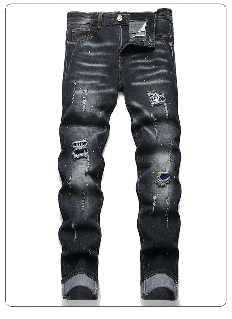 Mode Neue Slim Stretch Zerrissene Jeans männer Streetwear Farbe Flecken Denim Hosen Hip Hop Punk Persönlichkeit Loch Männliche Hosen.