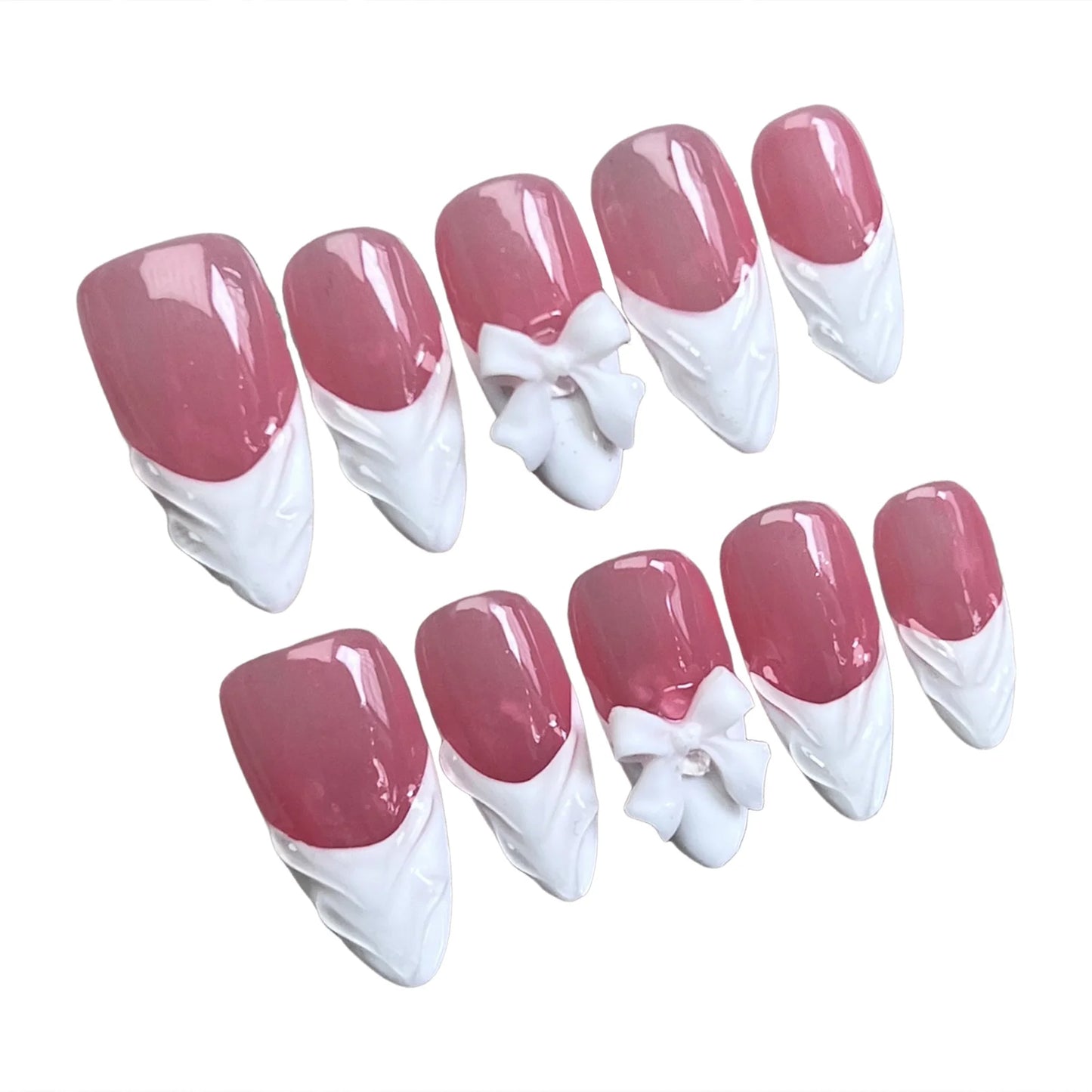 10pcs White French Handmade False Nails 3D Bowknots Designs Press On Nails Rose Pink Detachable Almond Fake Nail Patches.
