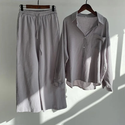 Pants Set Women Shirts Wide Leg Elastic Waist Cotton Linen Casual Sets Elegant Loose Long Sleeve Lapel Spring Shirt Y2k Suit.
