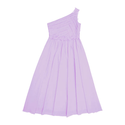 Mädchen Hochzeit Brautjungfer Kleid One Shoulder Elegante Guipure-Spitze Geraffte Chiffon Maxi Party Kleider Geburtstag Abend Abendkleid