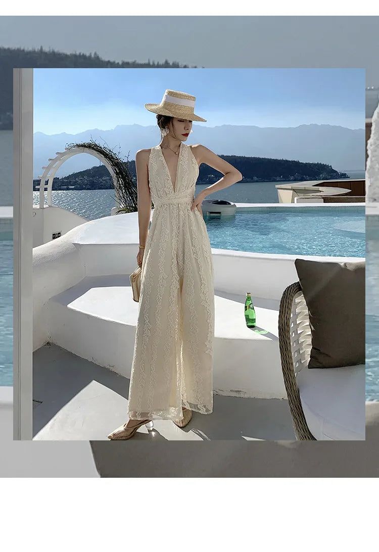 Women Beige Elegant Backless Pleated Lace Jumpsuit Summer V Neck Sleeveless High Waist Wide Leg Long Pant Rompers Sexy Club Chic.