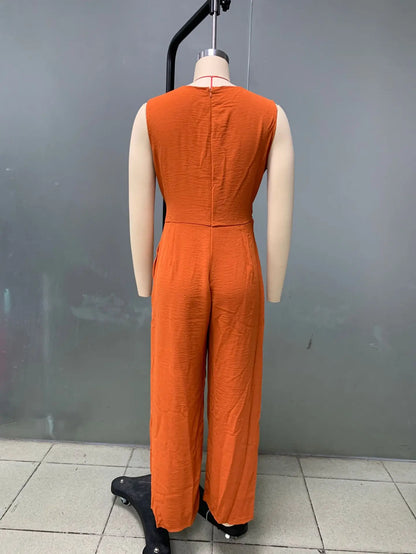 Summer High Waist Lace-up Jumpsuits Women 2025 New Sleeveless V-neck Side Pocket Solid Casual Jumpsuit Office Ladies Rompers.