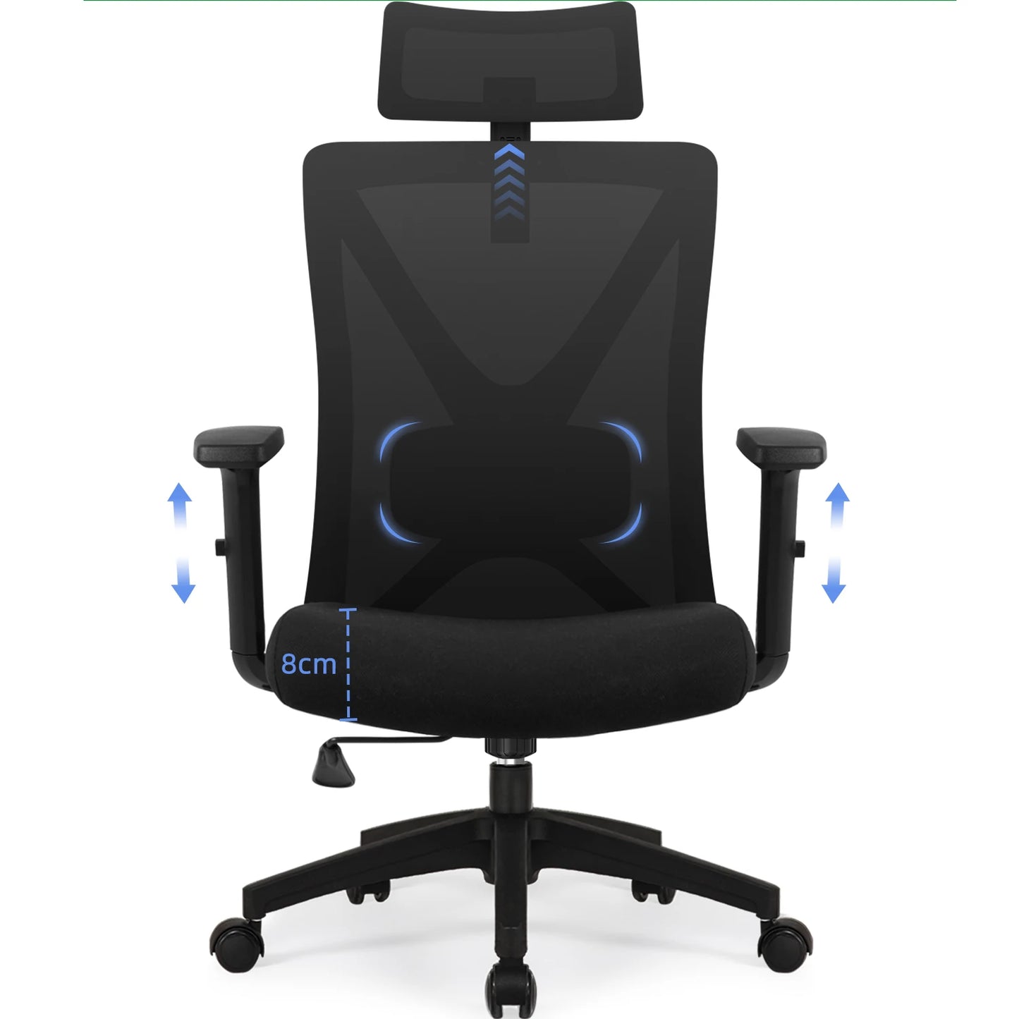 AUTHMIC Ergonomischer Bürostuhl mit Netzrücken, 5D-Lendenwirbelstütze, Liegestuhl 90–135 ° , Verstellbare Armlehne und Kopfstütze für das Heimbüro