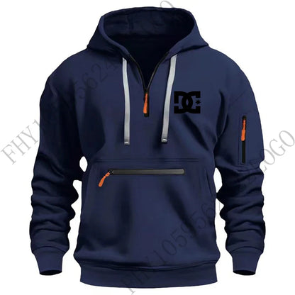 New men's hooded sportswear for autumn and winter 2025, long-sleeved multi-zipper pocket outdoor fishing casual pullover.