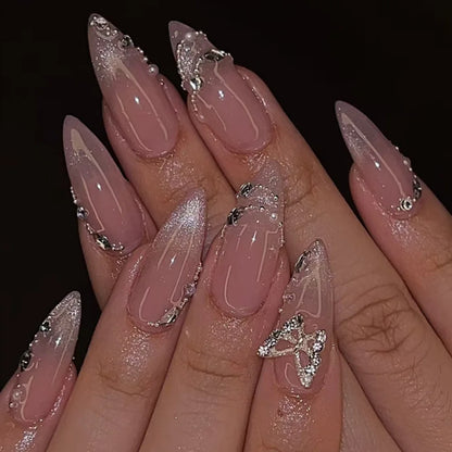 24Pcs Metallic Cat Eye French Sheer Manicure Tip Art Textured 3D Acrylic False Nails Nude Pink Almond Medium Press on Fake Nails.