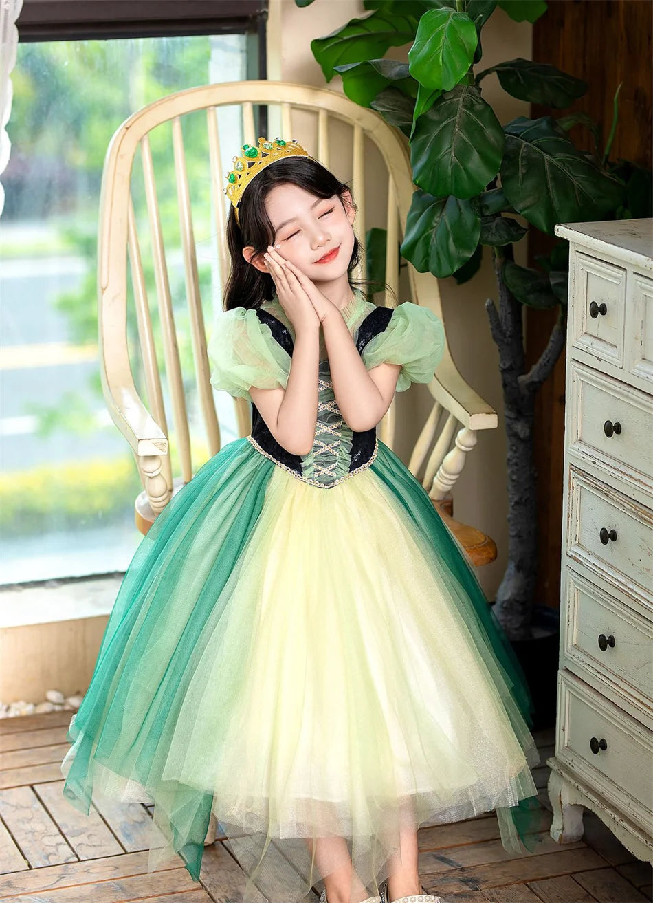Anna Grünes Kleid Mädchen Spitze Tüll Elegantes Kleid Kinder Bühnenshow Prinzessin Kostüm Kinder Purim Cosplay Kleidung.