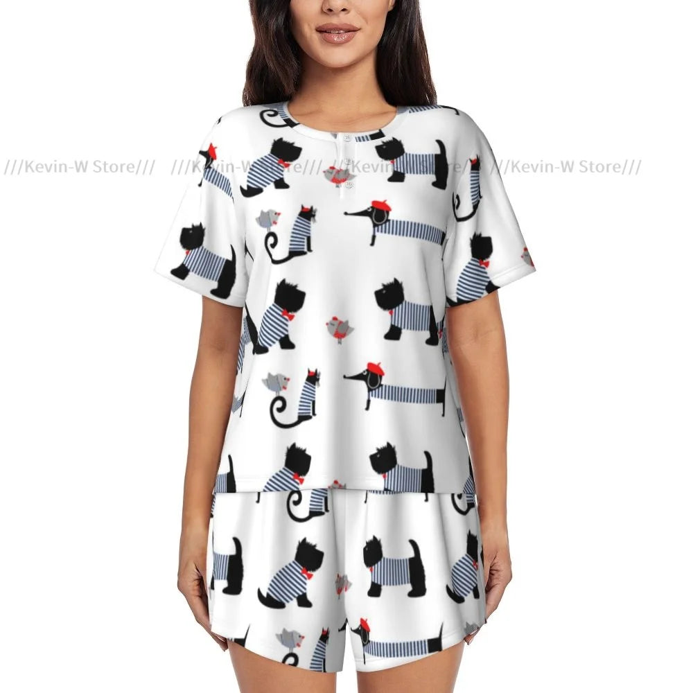 Damen-Pyjama-Set, kurzärmelig, französischer Pariser Dackel, Katzen-Nachtwäsche, Loungewear für Sommer-Nachtwäsche.