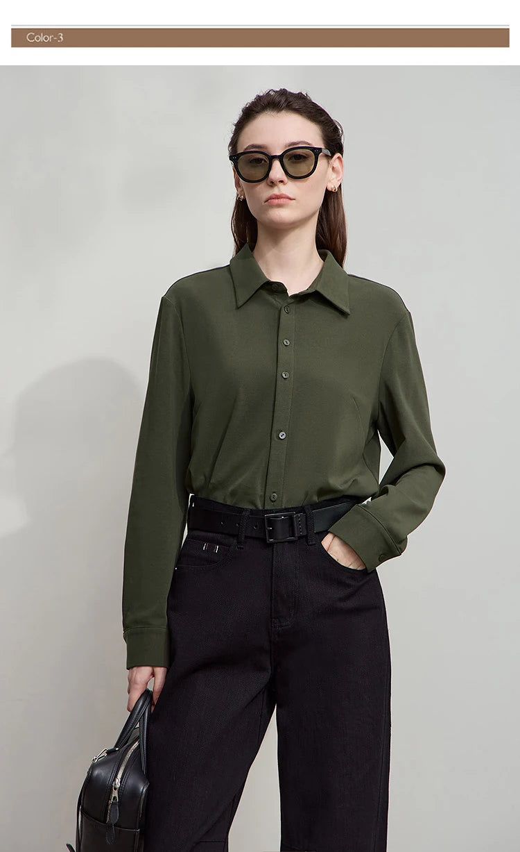 AMII Office Lady Shirt 2025 Autumn New Minimalism thick Long Sleeves Blouse Elastic Cotton Lapel Women's Clothing 12553079