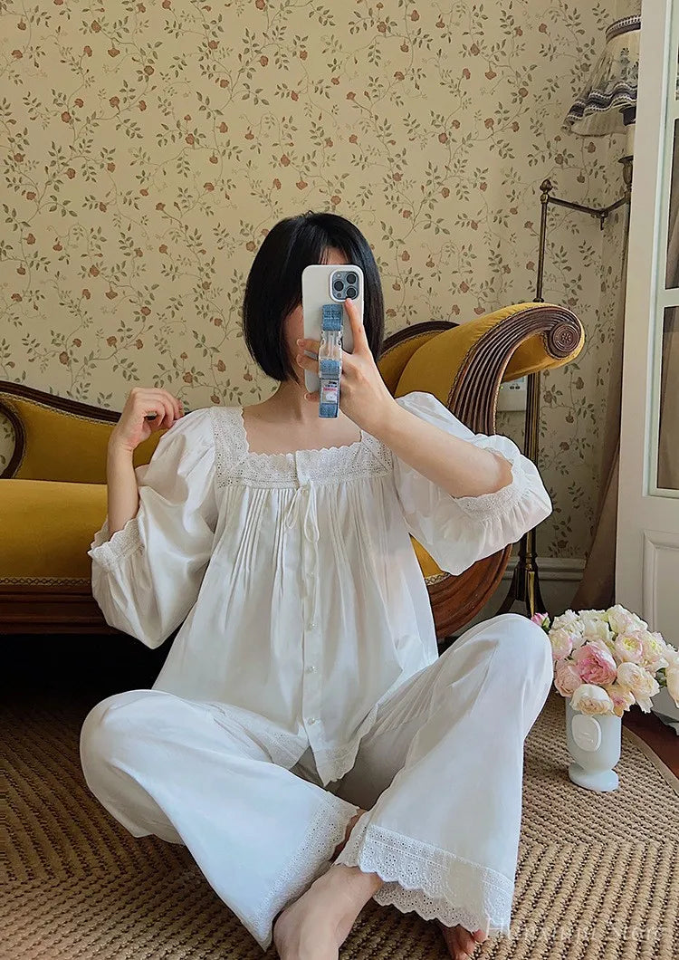 Sweet Spring Autumn Pure Cotton Women's Long Sleeve Pajama Set Loose Female Sleepwear Suits Royal Pyjama Home Wear Plus Size.