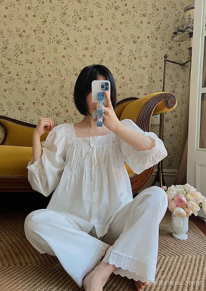 Sweet Spring Autumn Pure Cotton Women's Long Sleeve Pajama Set Loose Female Sleepwear Suits Royal Pyjama Home Wear Plus Size.