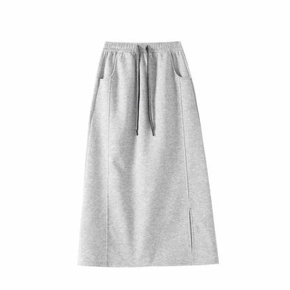 Women's Gray Split Midi Skirts Elasticity Waist Casual Loose Long Skirts Female Autumn Winter Thicken Plus Velvet Straight Skirt