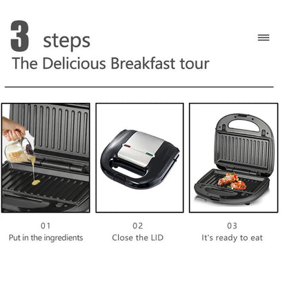 8-in-1 Breakfast machine with Interchangeable Plate Sandwich Maker, Waffle & Donut Maker with Non-stick Coating.