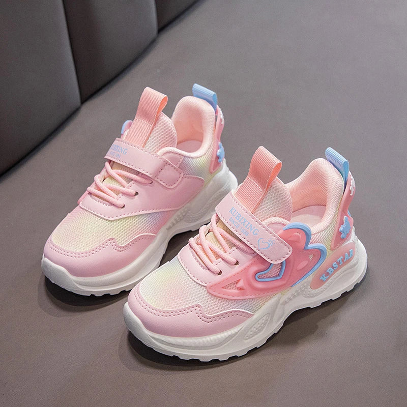 Girls Sports Shoes Kids Running Shoes Pink Breathable Air Mesh Heart Sweet Sneakers Cute Hook & Loop Children's Casual  Shoes.