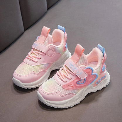 Girls Sports Shoes Kids Running Shoes Pink Breathable Air Mesh Heart Sweet Sneakers Cute Hook & Loop Children's Casual  Shoes.
