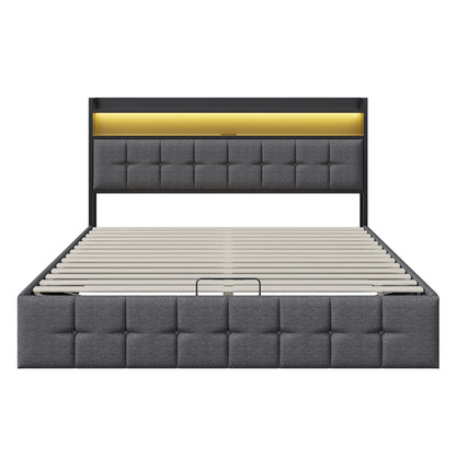 Rosahqnda Kissenbett, gepolstertes hydraulisches Bettgestell, graues Leinenkopfteil, Leinenstoff ohne Matratze