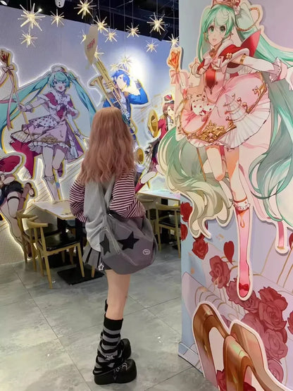 Japan Kawaii Sweet Women T-Shirt O-Neck Stripe Patchwork Long Sleeve Cartoon Print Loose Pullover Casual Cute Top Youth Vitality.