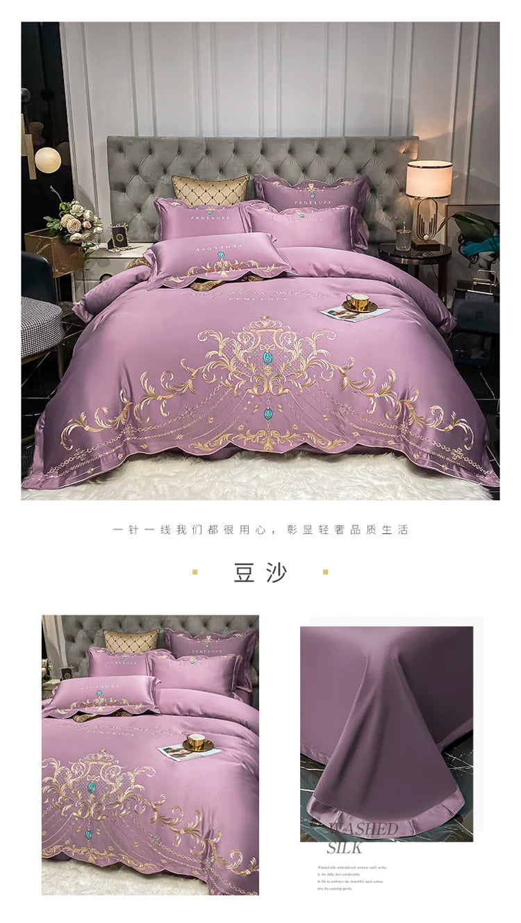 European-Style Bed Sheet Four-Piece Set 100 Cotton High-End Atmospheric Ice Silk Quilt Cover Pure Cotton Bedding.