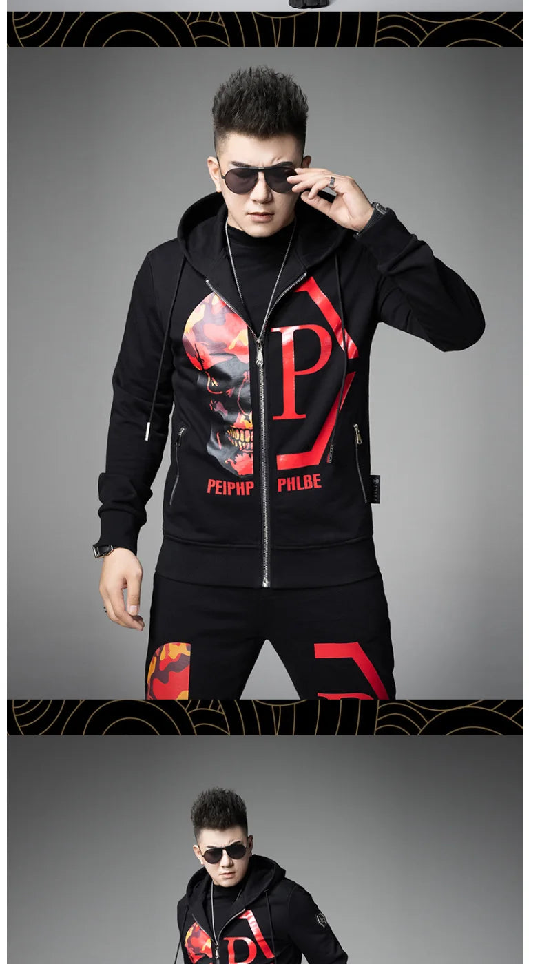 2024 Mens Two Piece Sets Fashion Streetwear Casual Winter Suits Skull Pattern Hooded Black Tracksuit Men Clothes Ropa De Hombre.