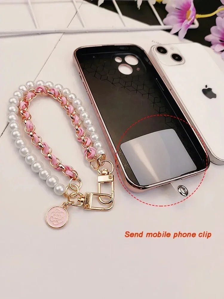 26cm Leather Pearl Camellia Mobile Phone Charm Bracelet Chain Anti-lost Universal Cell Phone Strap Rope Pendant Metal Key Chain.