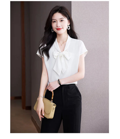 Bow Tie Blouse Shirt for Women OL Elegant Blouses Satin Womens Tops Silk Female Clothing 2023 Korean Fashion Short Sleeve Blouse