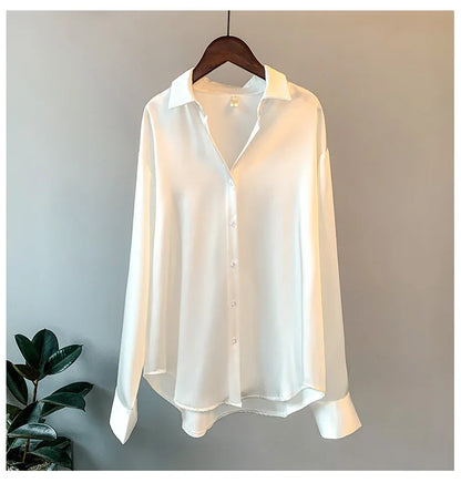 1pcs Woman Spring Autumn Satin Shirt Lady Long Sleeve Lapel Blouses Cardigans Elegance Sweet Casual Coats Girl Sunscreen Top.