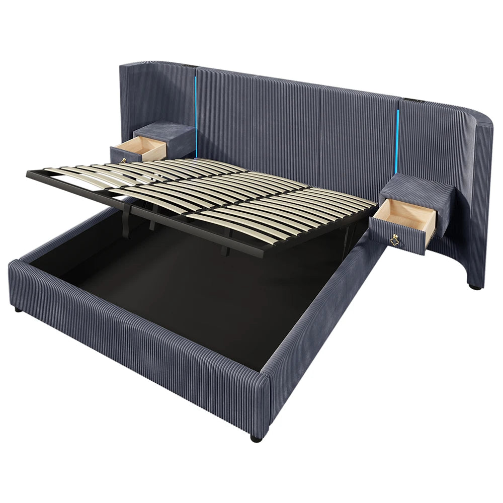 KOMHTOM Polsterbett 180x200cm, Samt mit, LED-Leiste, hydraulischem Stauraum, 2 Schubladen und USB+TYPE-C Anschluss