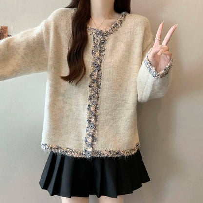 Pailletten-Strickjacke für Damen, Herbst und Winter, lockeres Schlankheitsoberteil