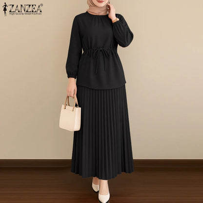 ZANZEA Elegant Women Autumn 2 Piece Sets Muslim Tracksuits Fashion Long Sleeve Tops Pleated Maxi Skirts Suit 2PCS Work Outfits.