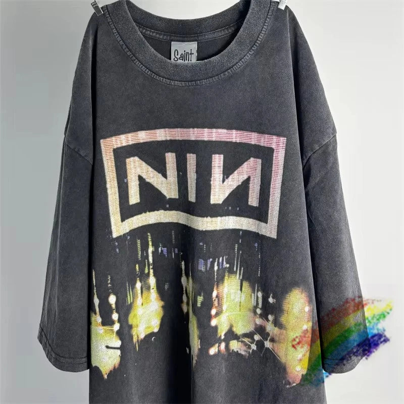 SAINT Vintage NIN Nine-inch Nail T-Shirts Best Quality Vintage Washed T Shirt Tee Tops.