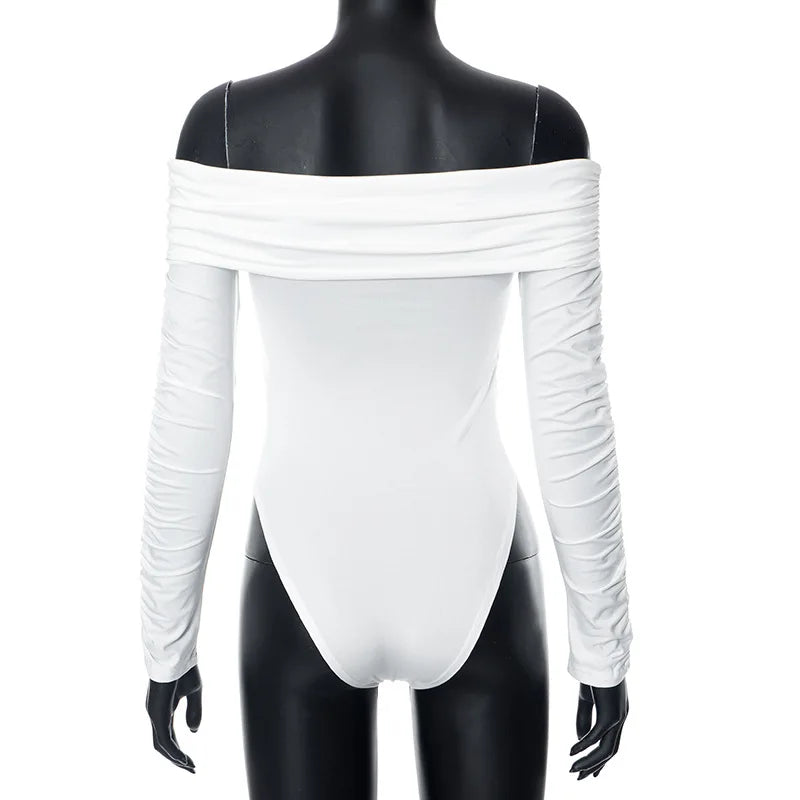 Cryptographic Fashion Ruched Sexy Backless Wrap Bodysuit Elegant Off Shoulder Slim Long Sleeve White Tops One Piece Skinny Fall.