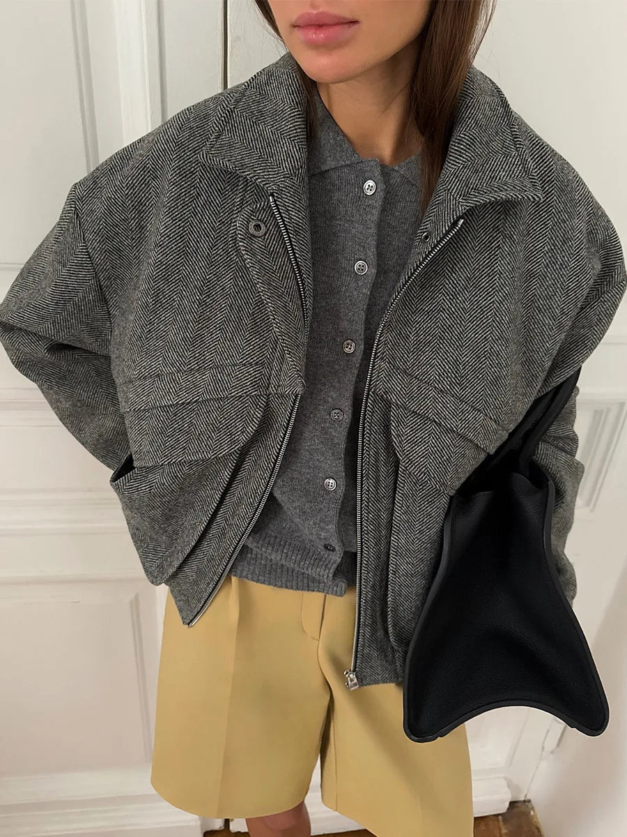 Tossy Autumn Grey Zipper Outwear Jackets Female Solid Loose Patchwork High Waist Cropped Top Coat Streetwear Women's Y2k Jackets.