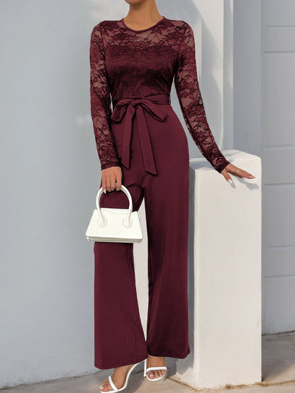 Spring New Women's Sexy Lace Spliced Long Jumpsuit Fashion Solid Color Hollow Long Sleeve Casual Laces Wide Leg Jumpsuit Women.