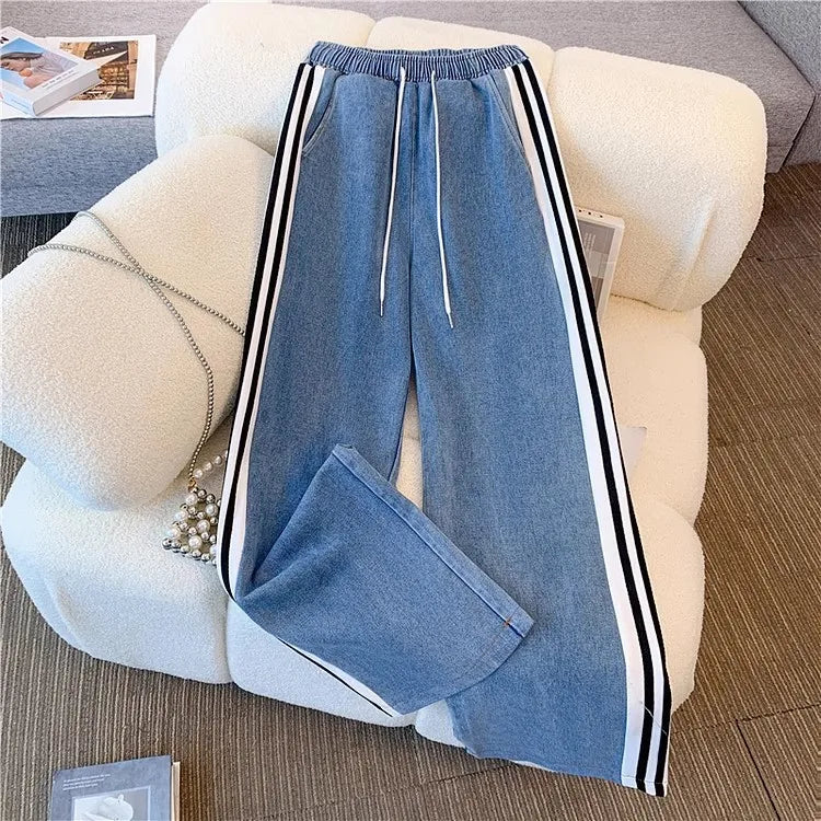 Pant Set Women Two Piece Sets Denim Splice Zipper Matching Sets Casual Coats Wide Leg Long Pants Lace Up Elastic Waist 2025.