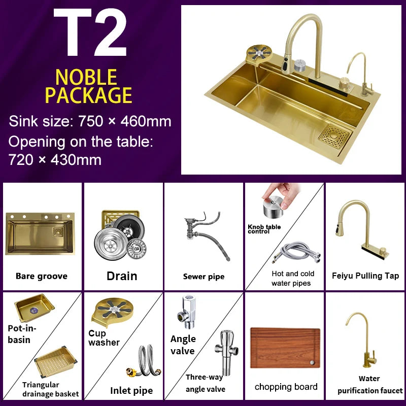 Golden Stainless Steel Kitchen Sink Waterfall Outlet Large Single Sink Digital Display Dishwashing and Vegetable Sinks